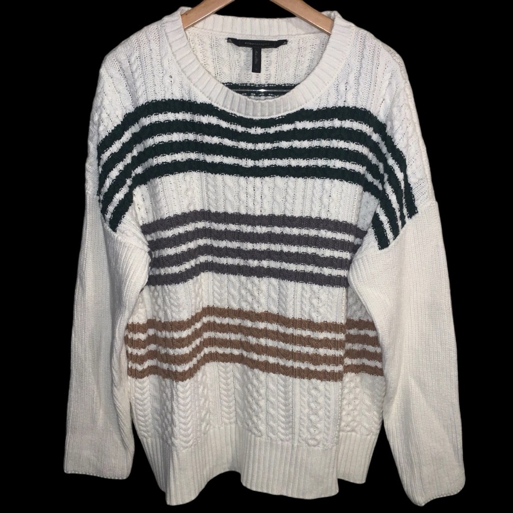 BCBG MAXAZRIA womens long sleeve chunky knit stripe oversized sweater size Large